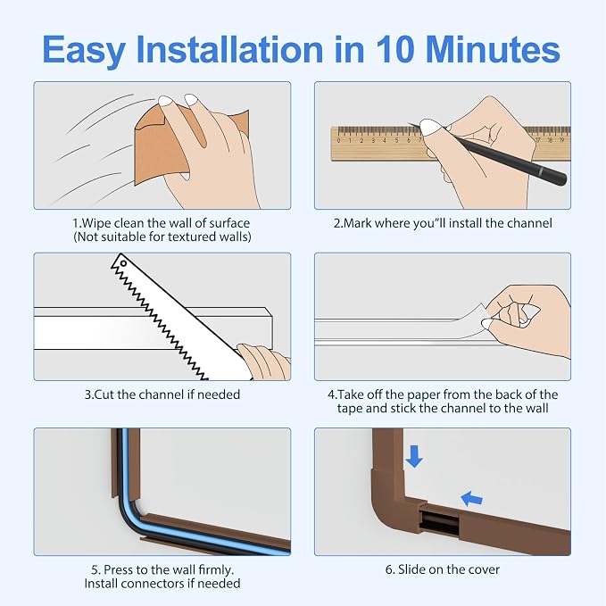 Yecaye Cord Covers for Wires on Wall, 113in, W0.95in H0.55in, Brown | TV Cord Hider, Medium Cord Organizer for 2-3 Wires, Cable Management Kit, Easy Install - Image 6