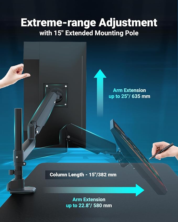 Heavy Duty Monitor Arm for 13-49 Inch Ultrawide Screens, Holds Up to 44lbs, Fully Adjustable Single Monitor Mount, with Clamp & Grommet Base, 75/100mm VESA Desk Mount, Black - Image 3