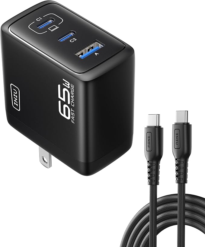 INIU USB C Charger, 3-Port 65W PD GaN Charger, Compact Foldable USB C Wall Charger Block for MacBook Pro/Air, Dell XPS 13, iPad Pro, Samsung Galaxy S23, Note 20/10+, iPhone 16/15/14 by INIU