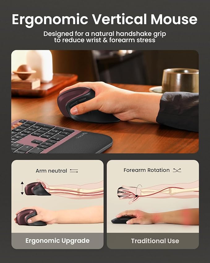 ProtoArc EM11 NL Wireless Ergonomic Vertical Mouse, Rechargeable, Wine Red | 58° vertical design supports a natural wrist posture, connect 3 devices via Bluetooth/2.4G USB-A, 500mAh USB-C rechargeable. - Image 6