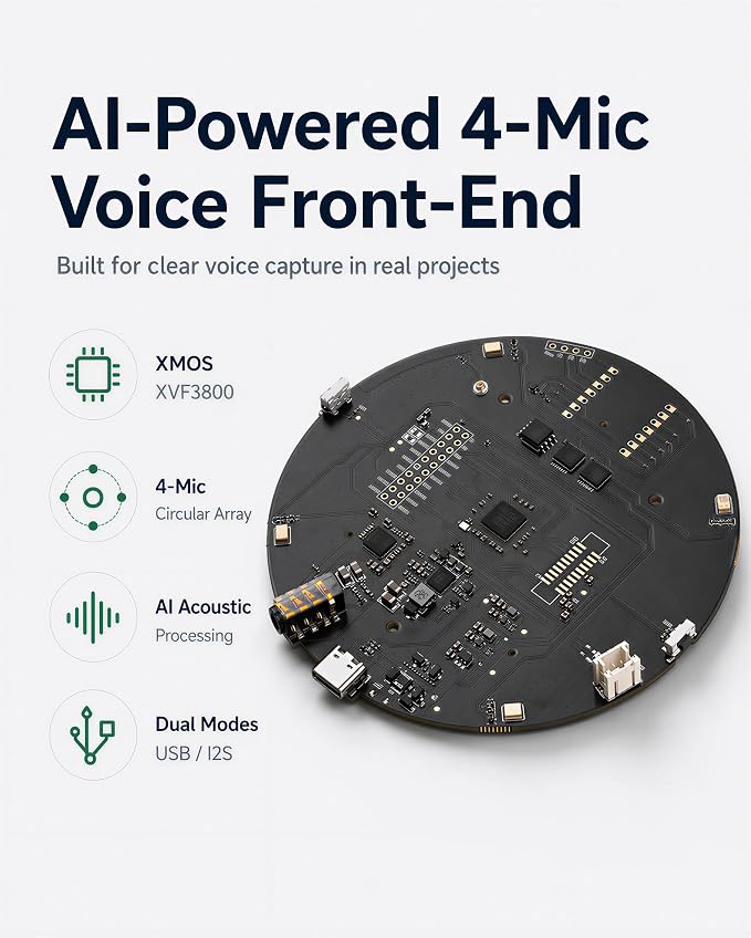 reSpeaker XVF3800 USB Mic Array with Case, 4-Microphone AI Voice Processing, Noise Cancellation & 360° Far-Field Pickup for Raspberry Pi, Jetson & AI Projects - Image 6