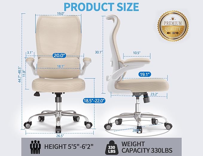TRALT Office Chair Ergonomic Desk Chair - Gaming Chair with Lumbar Support | 330 LBS Home Office Desk Chairs , Reading Chair with Flip-up Armrests, Comfortable Computer Chairs (1, Beige) - Image 2