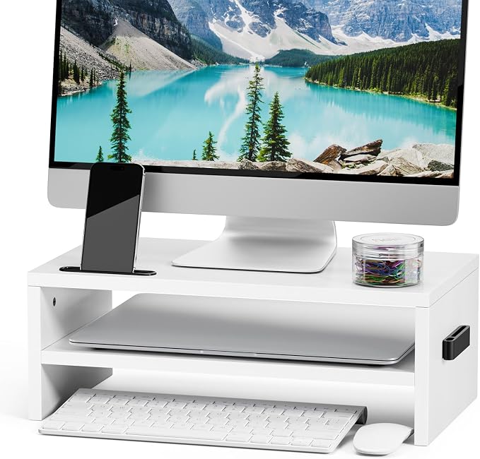 Marbrasse Wood Monitor Stand Riser,Desk Computer Printer Shelf Stand，White | 2 Tier Laptop Computer Screen Storage, Desktop Stand with Phone Holder and Cable Management by Marbrasse