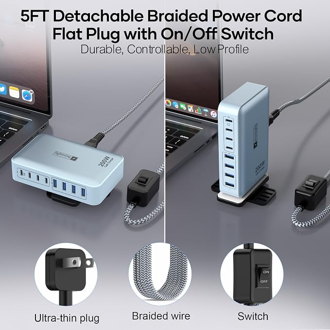 8-Port Multi Charging Stations 200W with Flat Plug, Braided Power Cord, and On/Off Switch- USB Charging Hub for iPhone, iPad, MacBook and More- 65W C Port Power Adapter for Laptops - Image 2