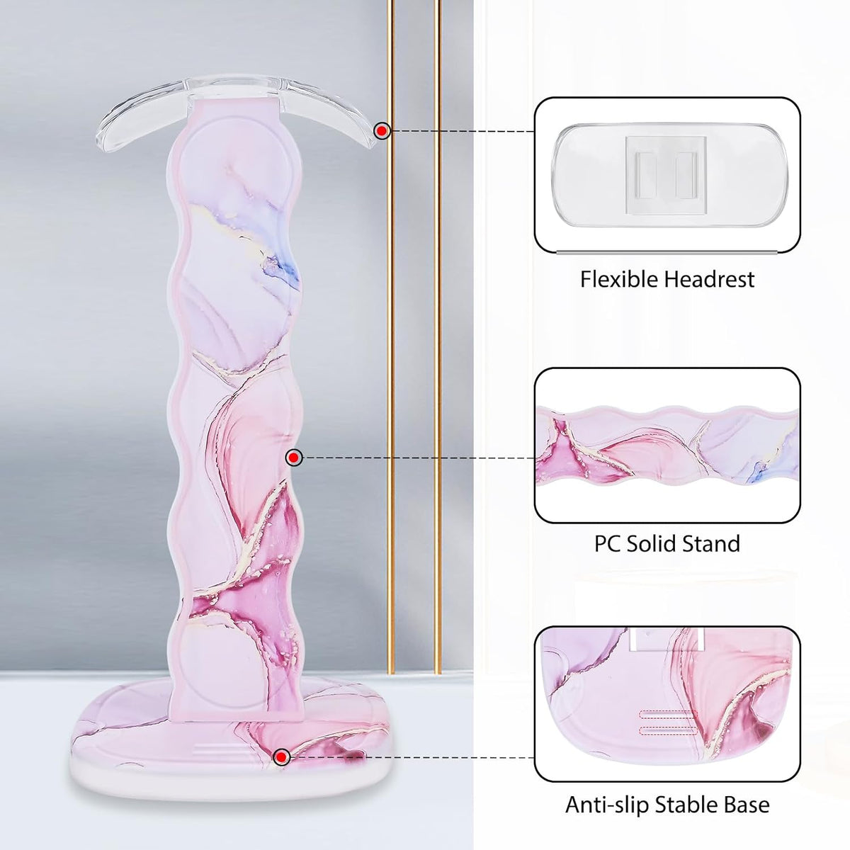 CamyCosy Headphone Stand Gaming Headset Holder for Desk,Luxury Pink Marble Pattern Earphone & Cellphone Stand Desk Accessories for All Headphones Size - Image 4