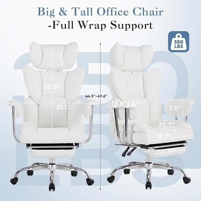 Big and Tall Office Chair 350 LBS, Scratch-Resistant PU Leather Executive Office Desk Chair with Footrest, Ergonomic Reclining Computer Chair with Pocket Spring Support for Home Office, Beige - Image 2