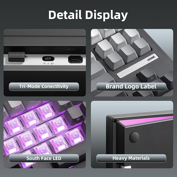 ZORNHER ZH870 Wireless Mechanical Gaming Keyboard,80% Black Custom Creamy Sound Keyboard with Shine Through PBT Keycaps,Pre-lubed Linear Switches,Hot-Swappable,RGB Backlit,2.4GHz/USB-C/BT5.0 - Image 8