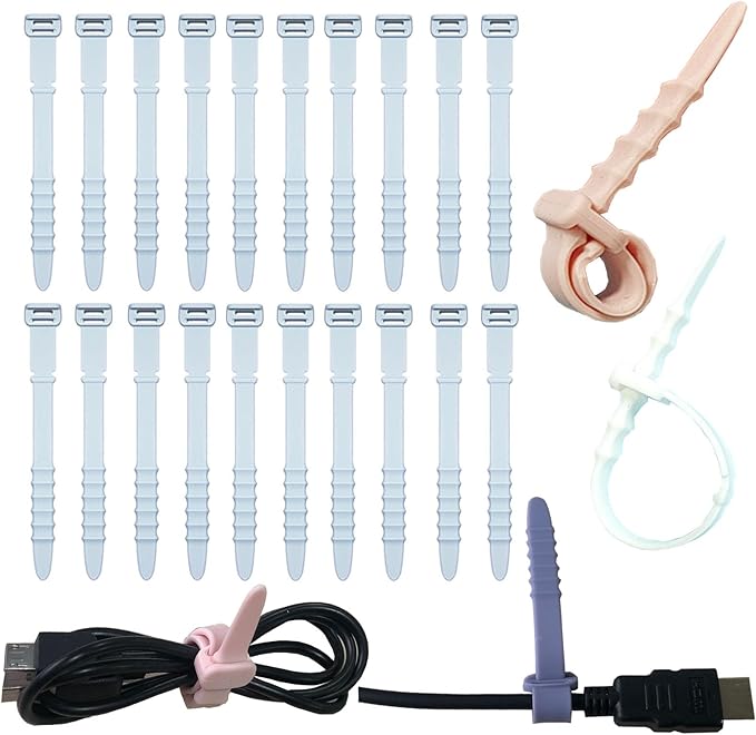 Reusable Silicone Zip Ties Cord Organizer: Silicone Cable Ties Straps for Cable Management - 20PCs 4.5” Blue Elastic Wire Cord Organizer for Home Office and Travel by GELIAL