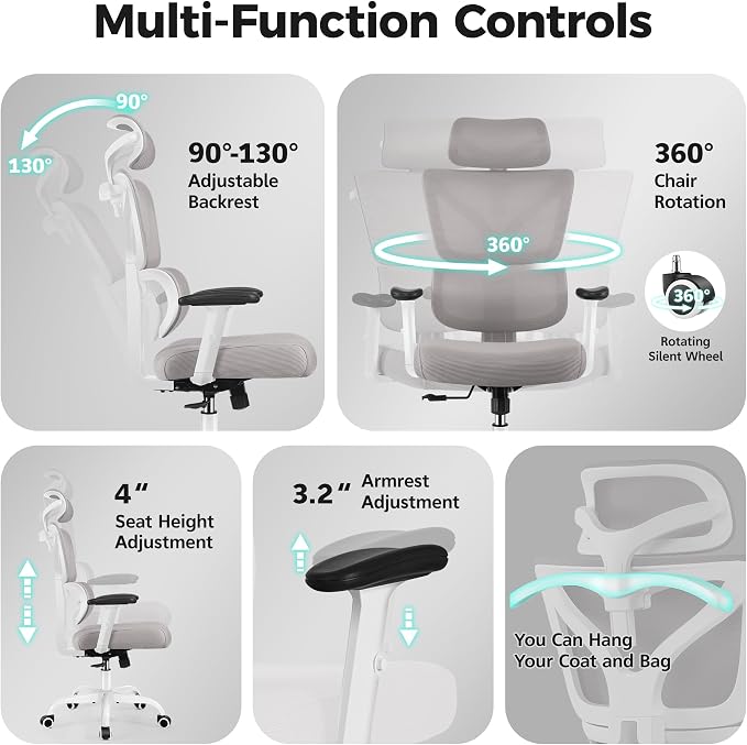 Ergonomic Office Chair High Back Desk Chair with Lumbar Support, Breathable Mesh Computer Chair with Adjustable Armrests Height, Reclining Swivel Big and Tall Gaming Chair for Home Office(Gray) - Image 8