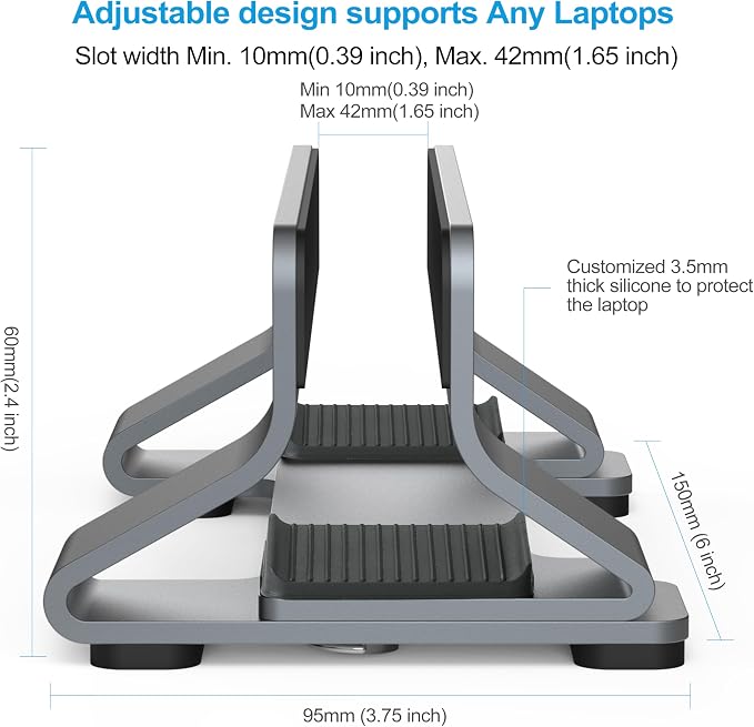 Aluminum Vertical Laptop Stand Dock Holder, Adjustable Slot Width 12-42mm, Space-Saving Upright Storage for MacBook and Laptops - Image 4