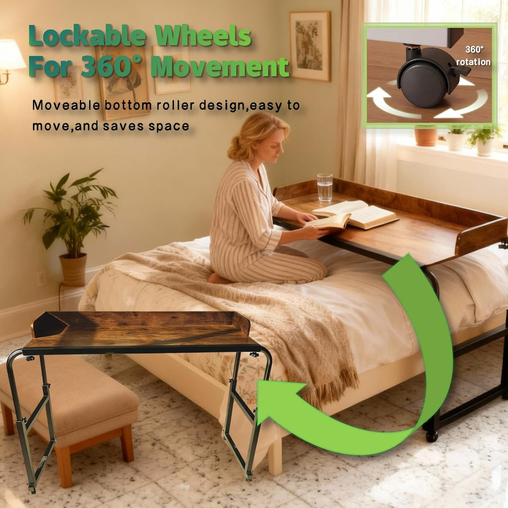 Overbed Table with Wheels and Desktop Enclosure, Height and Length Adjustable Over Bed Desk King Queen Bed Table Overbed Laptop Table (Rustic Brown) - Image 3