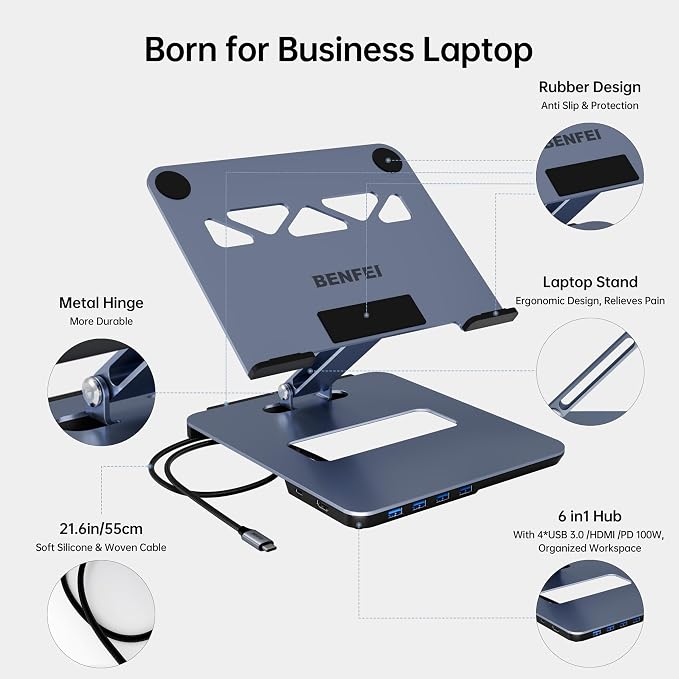 BENFEI Laptop Stand with USB C 6in1 Docking Station, HDMI 4K@60Hz, 4*USB3.0, 100W PD Compatible with MacBook Pro/Air, iPad Pro, XPS, Thinkpad - Image 6