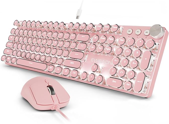 SEUNKWANG Wired Typewriter Keyboard and Mouse Combo, Retro Mechanical Keyboard with Multimedia Knob, White Backlit, Metal Panel, Low Noise Pink Switch Keyboard Mouse Set for PC Laptop - Pink by SEUNKWANG