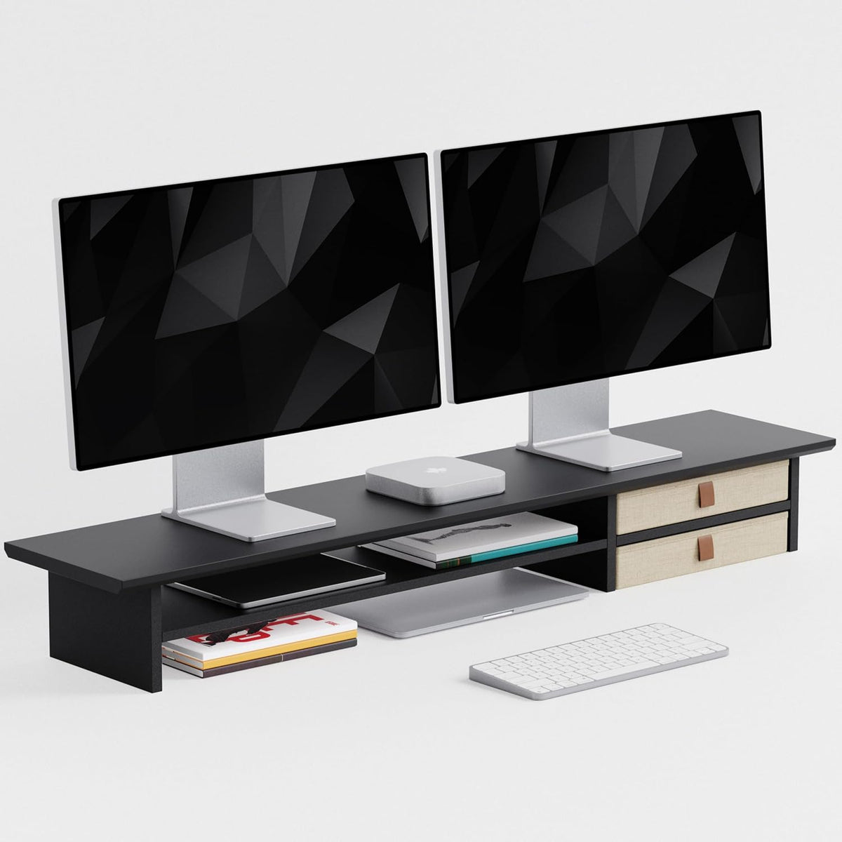 Dual‑Tier Monitor Stand Riser with Drawers, Desktop Organizer Shelf Storage for Computer Screen 2 Monitors, Supports for PC Computer Monitor, Printer, Heavy TV Riser Black by FENSULN