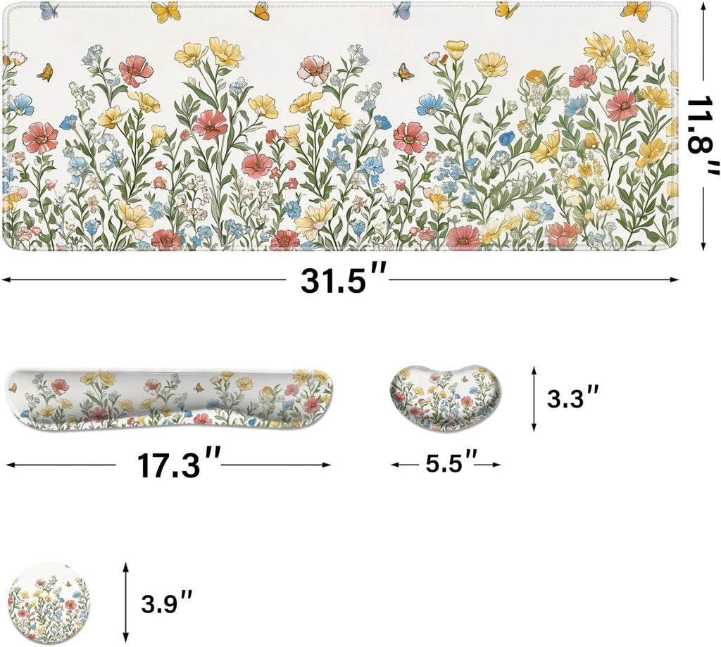 Desk Pad and Keyboard Wrist Rest, Large Mouse Pad + Keyboard Pad+Mouse Wrist Support, Non-Slip Desk Mat Protector for Office, Home 31.5×11.8 Inches Spring Floral - Image 2