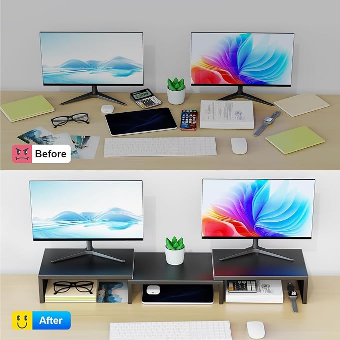Desk Organizers and Accessories, Dual Monitor Stand Riser, Monitor Desk Shelf for Desktop Organization (Black) - Image 2