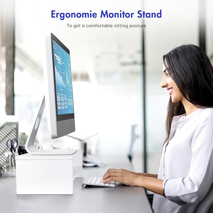 BEYGORMMonitor Stand Riser, White, 16.5 inch, 2 Tiers Wood Desk Shelf | Computer Screen Stand with Storage, For Desktop Laptop/Screen/TV/PC/Printer 16.5"L x 7.8"W x 5.2"H - Image 2