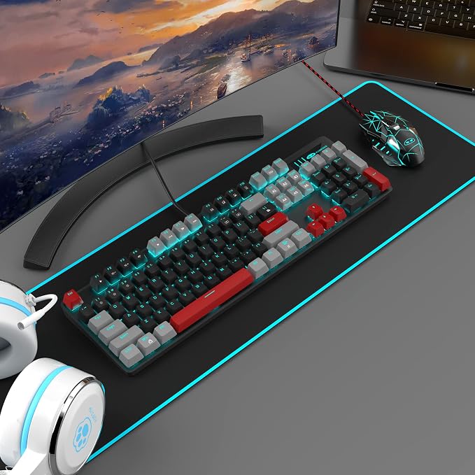 MageGee Mechanical Gaming Keyboard, 104 Keys Blue Backlit Keyboards with Red Switches Double-Shot Keycaps, USB Wired Mechanical Computer Keyboard for Laptop, Desktop, PC Gamers(Gray & Black) - Image 5