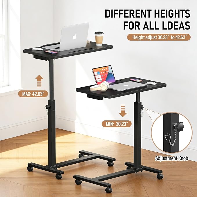 Eocnrhe Adjustable Overbed Bedside Table, Hospital Bed Table with Wheels, Portable Rolling Desk, Mobile Small Standing Desk, Rolling Laptop Stand, Computer Cart - Image 5