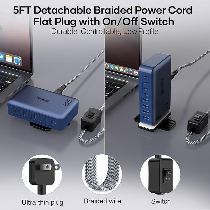 8-Port iPhone Charger Fast Charging 200W with Flat Plug, Braided Power Cord, and On/Off Switch- USB Charging Hub for iPhone, iPad, MacBook and More- 65W C Port Power Adapter for Laptops - Image 4
