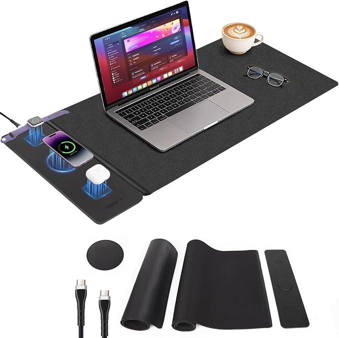 Wireless Charging Mouse Pad with 2nd Gen Tech, 3-in-1 25W Fast Charger, Replaceable Rubber & Microfiber Leather Desk Mat, Large Waterproof Desk Pad for Office & Gaming by AEOVOLL