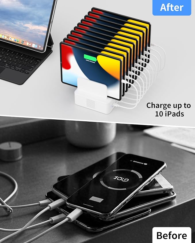 100W Charging Station for Multiple Devices, 10-Port USB Fast Charger, White | with Adjustable Dividers & 10 Cables- Multi Device Organizer Charging Dock for iPhone, iPad, Tablets & More - Image 6