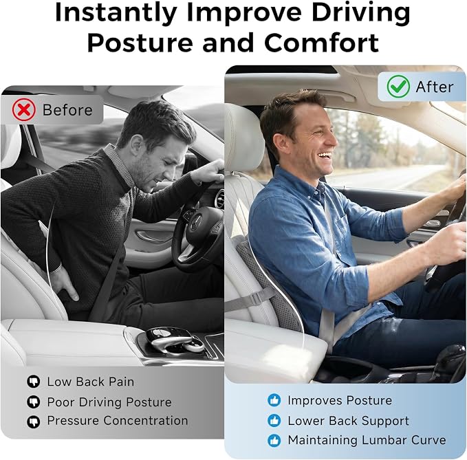 Lumbar Support Pillow for Car & Office Chair - High-Density Memory Foam for Sciatica & Lower Back Pain Relief - Non-Slip Back Support Cushion for Long Commutes & Desk Workers (4D Mesh Gray) - Image 2