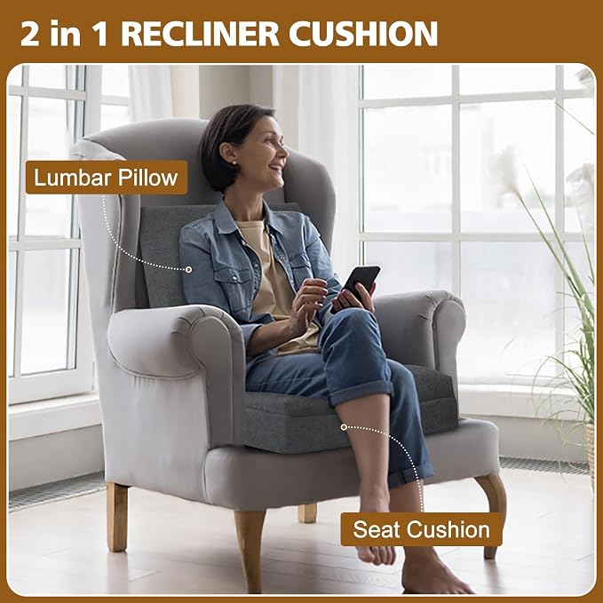 Recliner Cushion for Elderly with Lumbar Support Pillow - 20x20x5 Inch Extra Thick Recliner Seat Cushion for Seniors Relief Back Pain and Tailbone Pain from Long Sitting Non-Slip Bottom - Image 3