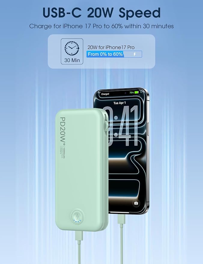 Nusyddy Portable Charger 10000mAh Fast Charging w/Built-in Wall Plug Green | PD20W Fast Charging, LED Indicator, Pass Through Charging, TSA Approved, Compact/Slim, Power Bank for iPhone/iPad/Samsung - Image 4