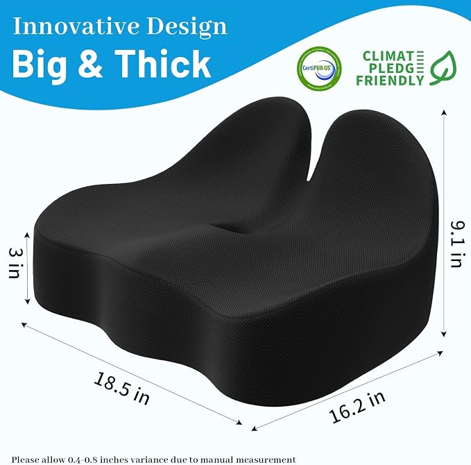 Memory Foam Seat Cushion, Ergonomic Office Chair Cushion for Long Sitting | Curved Tailbone Support Cushion for Car, Desk Chair and Wheelchair, Coccyx Comfort Pad with Breathable Cover, X-Large, Black - Image 5