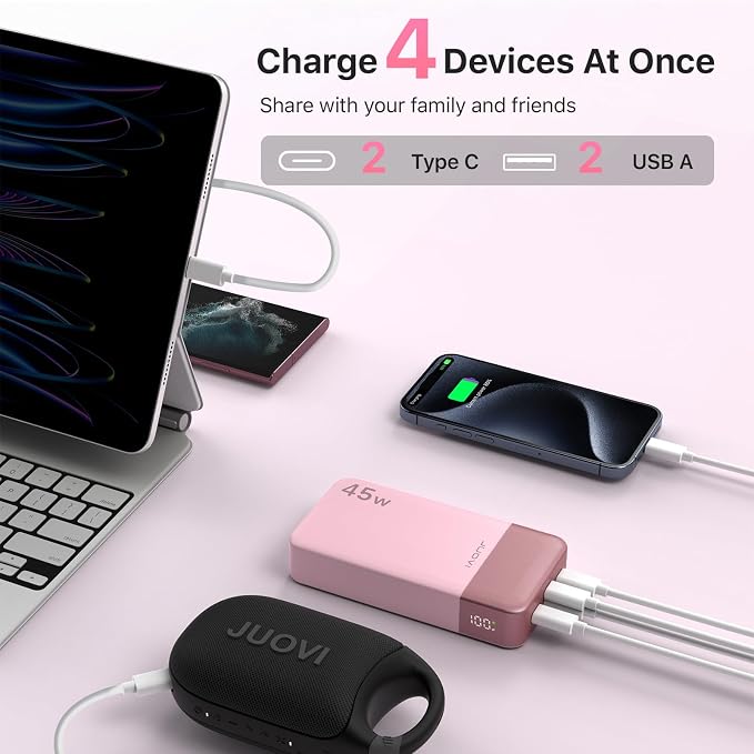 JUOVI Power Bank 45W 20000mAh Portable Charger USB C, PD QC Fast Charging 4-Port(2C+2A) External Battery Pack with LED Display, for iPhone 15 16 MacBook ipad | PD QC Fast Charging with 4 USB Ports(2C 2A), LED Display External Battery Pack for iPad Tabl... - Image 5