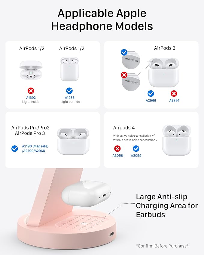 Anlmz 3 in 1 Charging Station for iPhone, Wireless Charger for iPhone 17 16e 16 15 14 13 12 11 X Pro Max & Apple Watch - Charging Stand Dock for AirPods (Pink) - Image 5