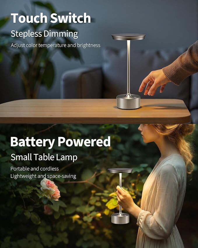 PUSU Rechargeable Table Lamps Set of 2, Nickel Cordless Portable Desk Lamp | 4000mAh Battery, Stepless Dimming & 3 Color 2700K-6000K, LED Lamp for Bedroom, Living Room, Restaurant, Outdoor, Night Light - Image 4