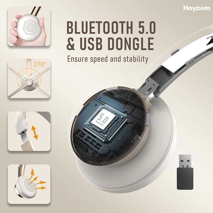 Bluetooth Headset, Wireless Headphones with Microphone Noise Canceling & USB Dongle, V5.0 Trucker Bluetooth Headset with Mic Mute & Charge Dock for PC/Laptop/Phone/Meeting/CallCenter/Office Gold - Image 4