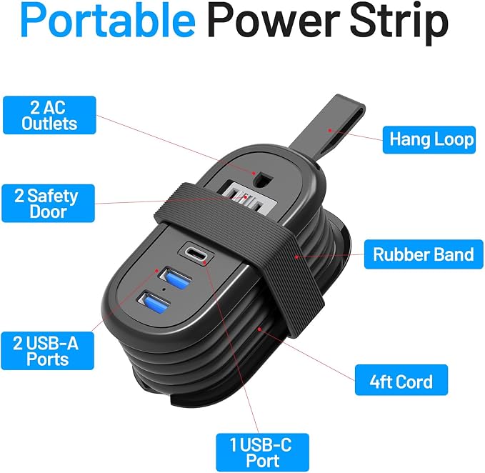 BEVA Travel Power Strip, 2 Outlets 3 USB Ports 4FT Extension Cord, Black | 3.4A Fast Charging Travel Extension Cord with USB-C Ports for Cruise Ships, Dorm, Hotel, Travel Essentials - Image 8
