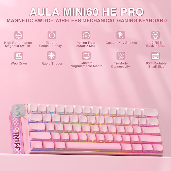Aula MINI60 HE PRO Wireless Gaming Keyboard 60%,Hall Effect Rapid Trigger Magnetic Keyboard,8000Hz Polling,Tri-Mode(BT5.0/2.4GHz/USB-C),RGB Hot Swappable Compact Pink Mechanical Keyboard for Gamer - Image 2