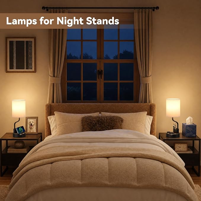 Bedside Lamps for Bedroom Set of 2 - Table Desk Lamp for Nightstand | 15" Table Lamp for Living Room with Pen Holder & Phone Stand, USB A+C Port, AC Outlet, 3 Color Temperature, LED Bulb Included - Image 3