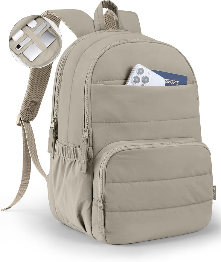 Uselike Travel Backpack for Women, 15.6 Inch Laptop Backpack, Quilted College Bookbag, Cute Work Backpacks, Water Resistant (Khaki Ash) by Uselike