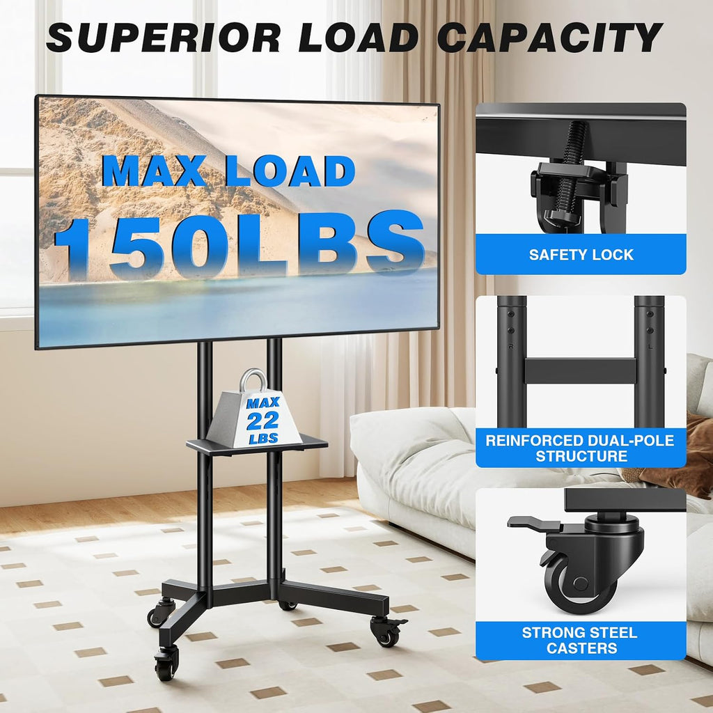 Portable Rolling TV Stand with Shelf for 32-85 in TVs up to 150 lbs - Image 2