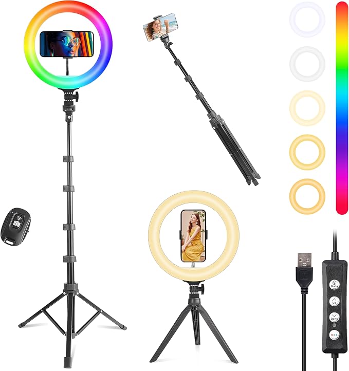UEGOGO 10'' Ring Light with 72'' Tripod Stand & Phone Holder，38 Color Modes Dimmable LED Ringlight for Live Stream, YouTube,Makeup,TikTok by UEGOGO