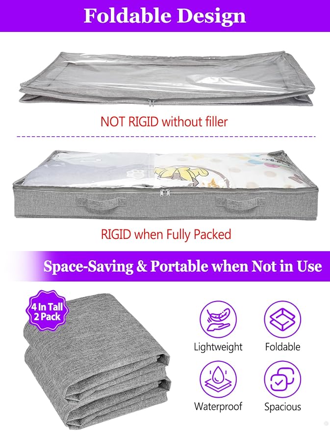 4-in Low Profile Under Bed Storage, No Structure, 2-Pack, Gray | 4" Ultra-Slim, Clear Lid, Reinfoced Handles & Smooth Zips, Dustproof & Waterproof, for Low Bed, Couch, Crib Storage - Image 4