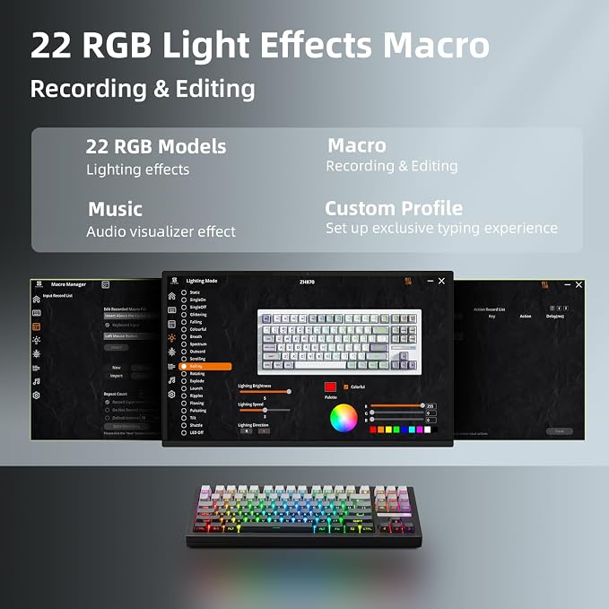 ZORNHER ZH870 Wireless Mechanical Gaming Keyboard,80% Black Custom Creamy Sound Keyboard with Shine Through PBT Keycaps,Pre-lubed Linear Switches,Hot-Swappable,RGB Backlit,2.4GHz/USB-C/BT5.0 - Image 6