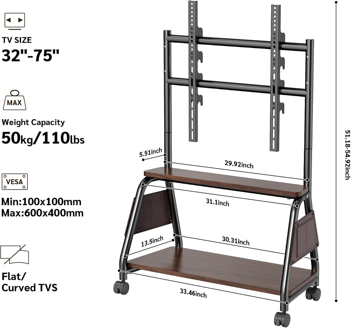 Mobile TV Stand on Wheels for 32-75 Inch TVs Heavy-Duty Rolling TV Cart - Image 2