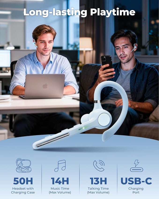Ngsod Bluetooth Headset V5.4,USB Dongle Wireless Earpiece with Mic for Work | 500mAh Charging Case,50H Talk Time,Dual connect & Mute,ENC Noise Cancelling Lightest Headphones for Work Trucker,Light Blue - Image 5