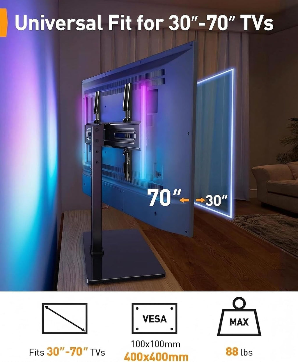 Perlegear Universal Swivel TV Stand with LED Lights for 30–70 inch TVs, Height Adjustable Table Top TV Stand with Tilt, Tempered Glass Base, Holds up to 88 lbs, Max VESA 400x400mm, PGTVS32B - Image 6