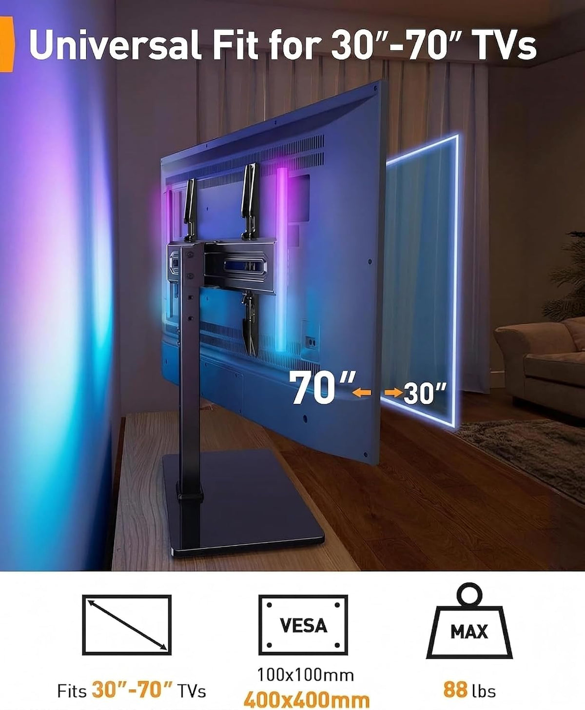 Perlegear Universal Swivel TV Stand with LED Lights for 30–70 inch TVs, Height Adjustable Table Top TV Stand with Tilt, Tempered Glass Base, Holds up to 88 lbs, Max VESA 400x400mm, PGTVS32B - Image 6
