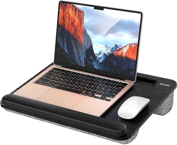 Besign LT08 Laptop Stand, Portable Lap Desk with Pillow Cushion, Fits up to 14 inch Laptop, with Anti-Slip Strip for Desk, Sofa & Bed, Black and Gray by BESIGN