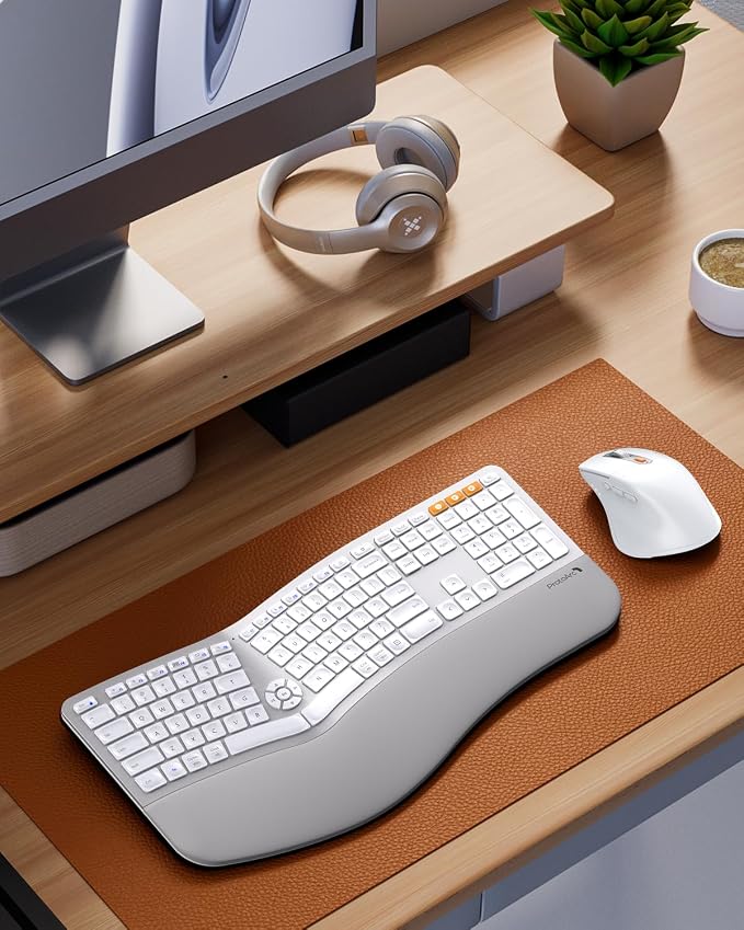 ProtoArc EKM01 Plus Wireless Ergonomic Keyboard Mouse Combo - White Silver | Full-size Split Keyboard with Cushioned Wrist Rest, Ergonomic Mouse, 3-Device Bluetooth/2.4G, USB-C Rechargeable - Image 7