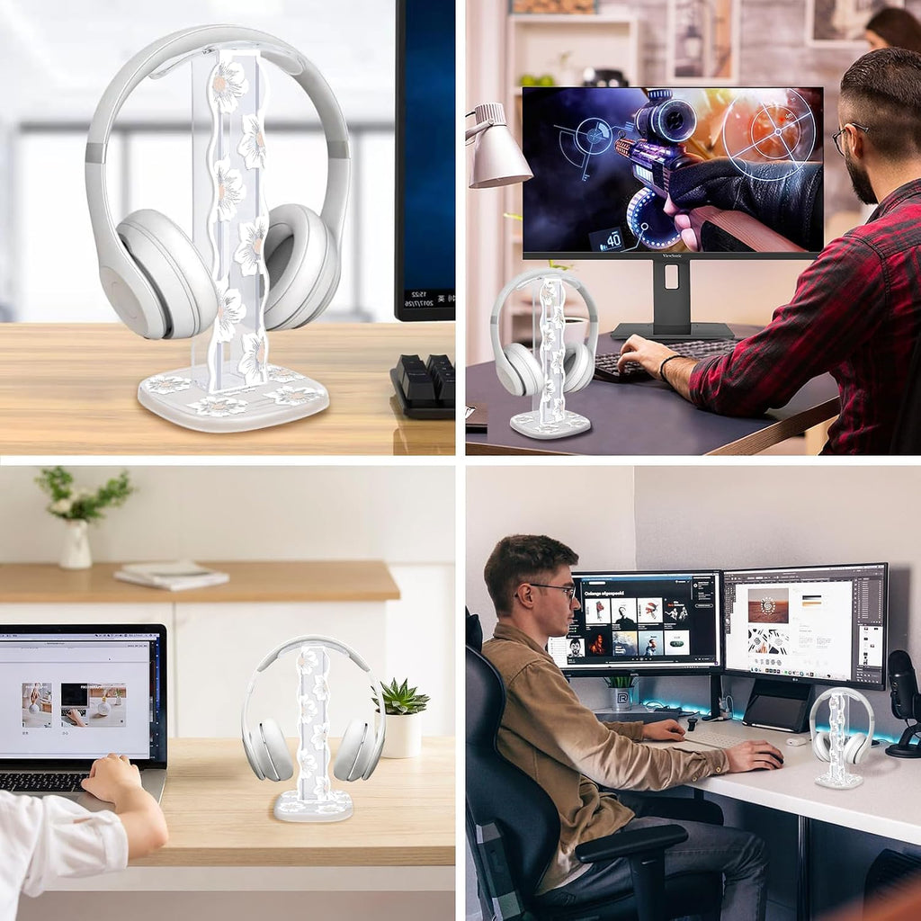 CamyCosy Headphone Stand Gaming Headset Holder for Desk,Unique White Camellia Pattern Clear Earphone Stand Cellphone Stand Desk Accessories for All Headphones Size - Image 6