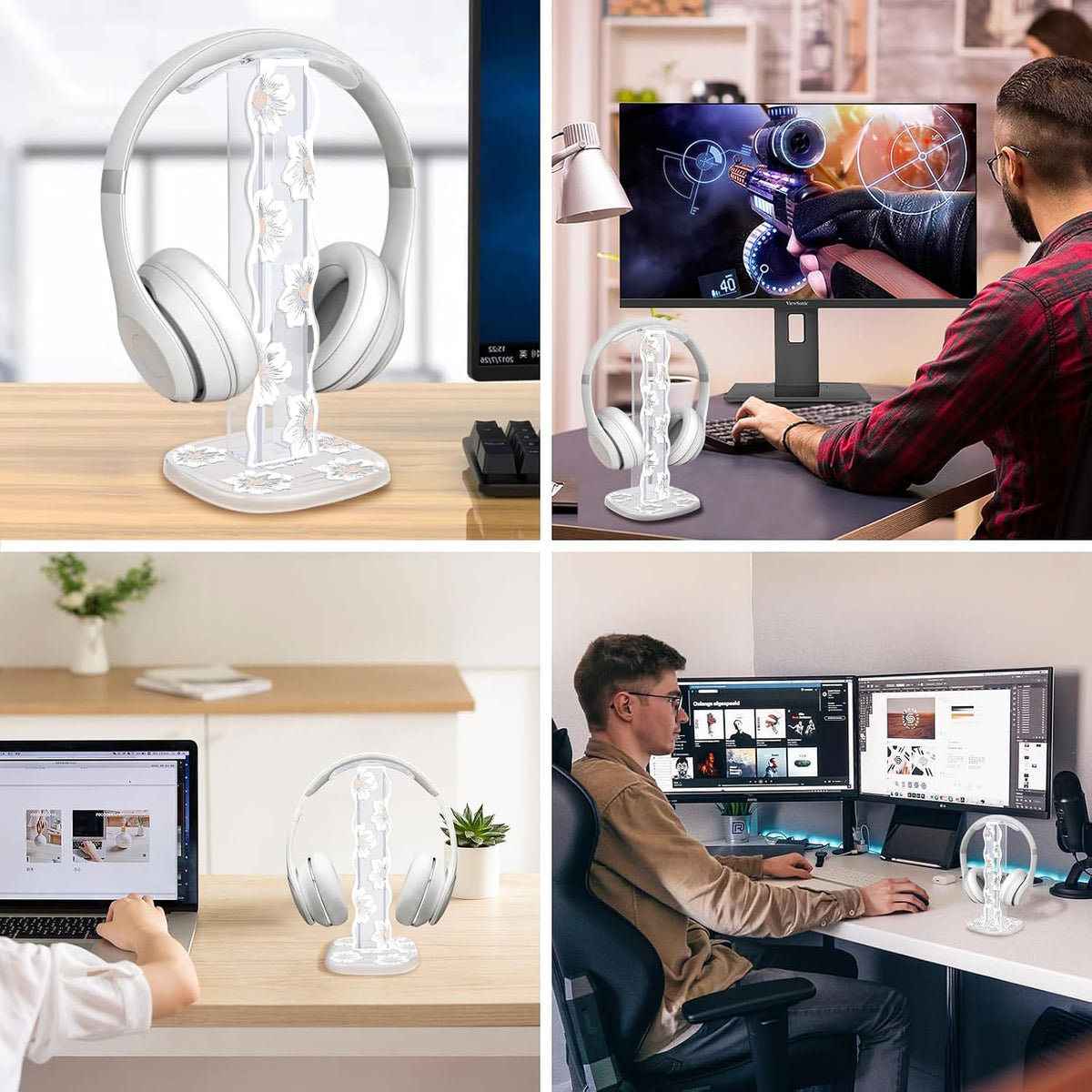 CamyCosy Headphone Stand Gaming Headset Holder for Desk,Unique White Camellia Pattern Clear Earphone Stand Cellphone Stand Desk Accessories for All Headphones Size - Image 6